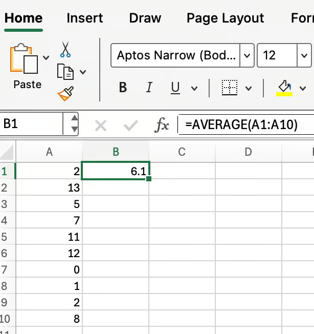 Excel 中的 AVERAGE 函數範例