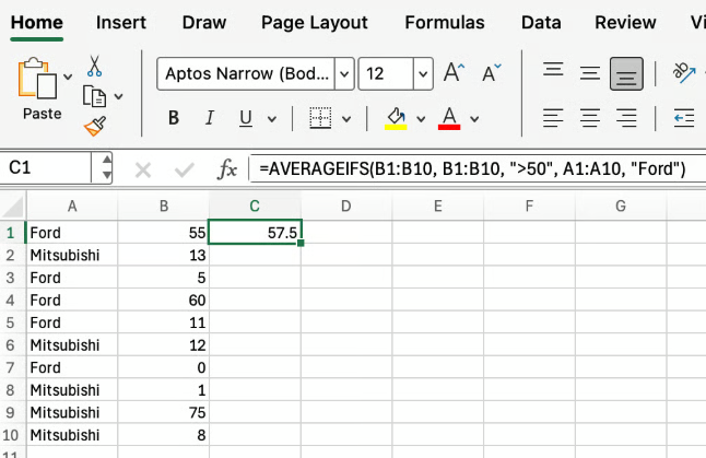 Excel 中的 AVERAGEIFS 函數範例