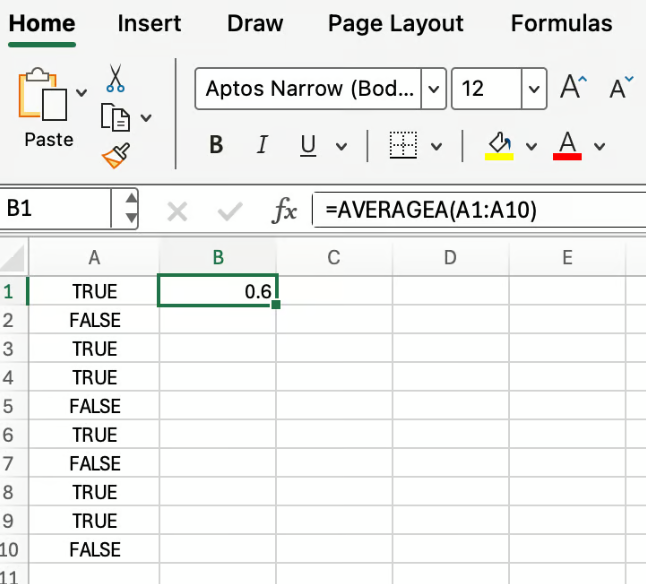 Excel 中的 AVERAGEA 函數範例