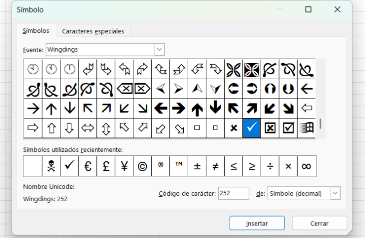 記号ダイアログボックス内のチェックマーク。文字コード 2