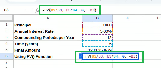 Calculating compound interest using FV(). 5