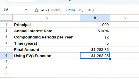 Compound interest using FV() 6