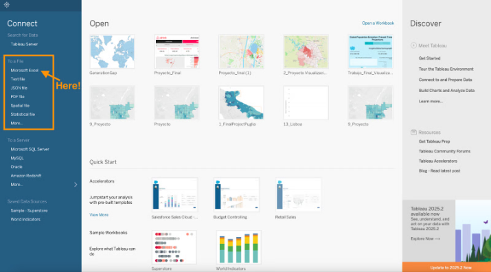 Captura de pantalla de la interfaz de Tableau mostrando conexiones 1