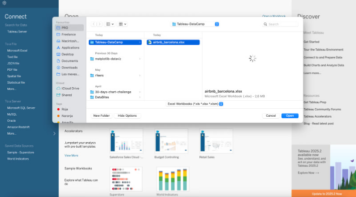 Captura de pantalla de la interfaz de Tableau eligiendo conexión Excel 2