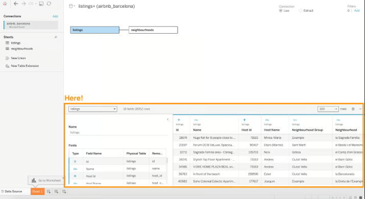Captura de pantalla de las interfaces de Excel & Tableau previsualizando datos. 7