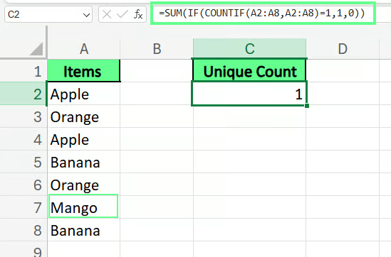 在Excel中使用SUM()、IF()和COUNTIF()計算唯一值 2