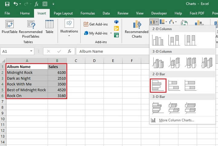 Inserting a bar chart from the Excel ribbon 2
