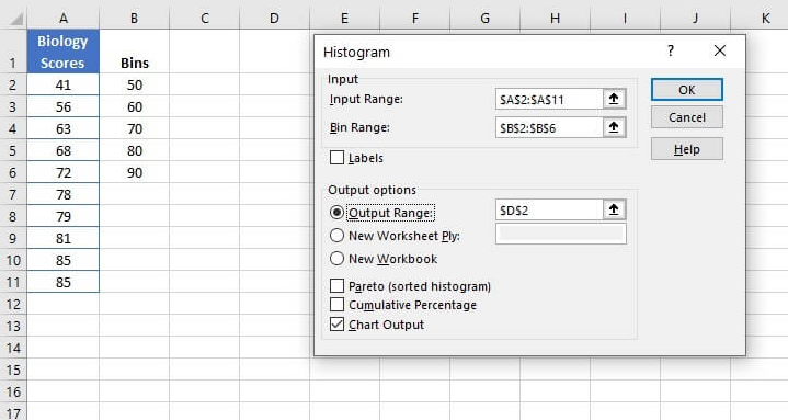 Dialog box for creating a histogram using the Data Analysis ToolPak 2