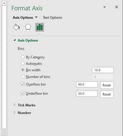 Formatting the axis to adjust bin properties in Excel's built-in histogram chart 3