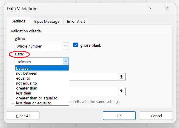 如何在Excel中選擇邏輯條件來限制資料驗證的資料範圍/長度。 3