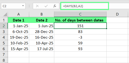 Encontrar días entre fechas usando la función DAYS() en Excel 2