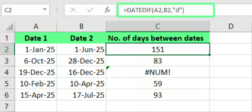 Encontrar días entre fechas usando la función DATEDIF() en Excel 3