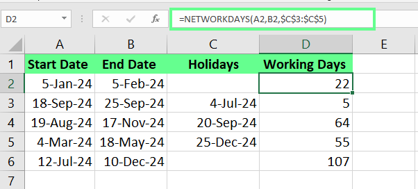Encontrar los días laborables restantes para el proyecto usando las funciones NETWORKDAYS() en Excel 8