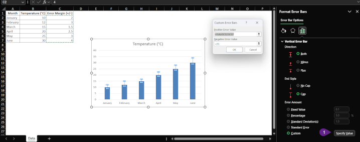 セル範囲からカスタム誤差範囲の値を指定するダイアログボックス。 3