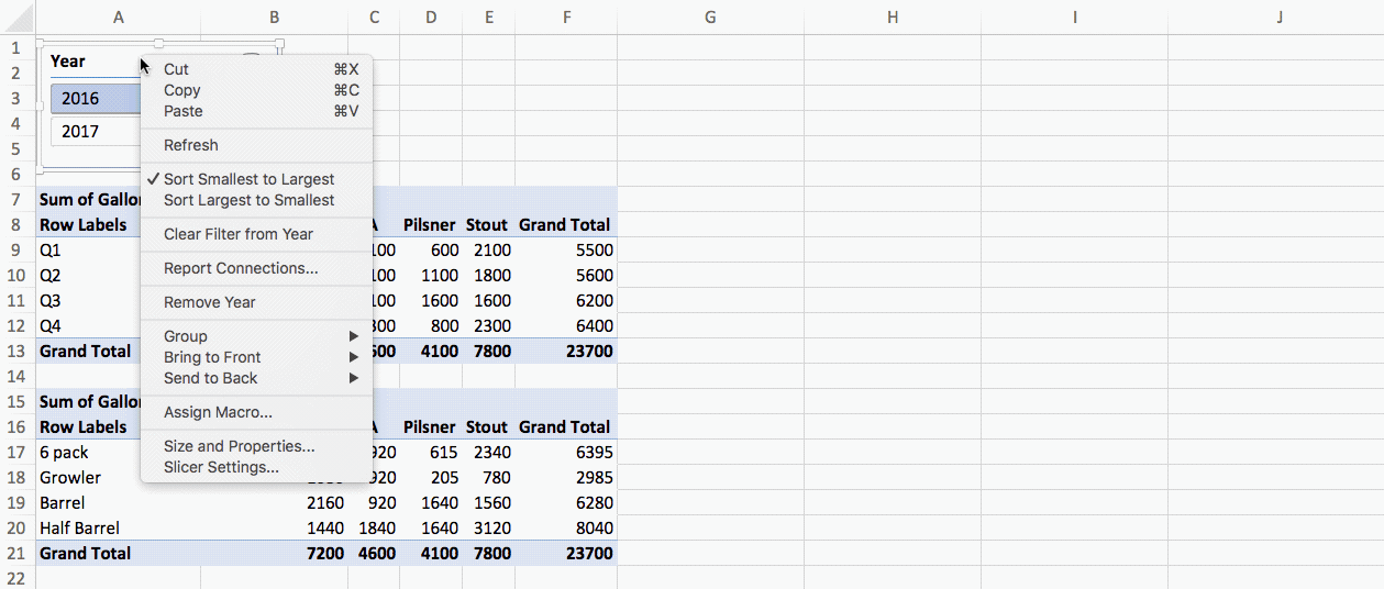 슬라이서를 삽입하고 보고서에 연결하는 수동 과정을 보여주는 GIF입니다.