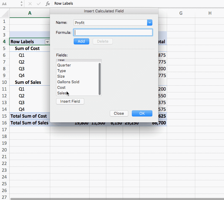 Excel 대화 상자에서 계산 필드를 만드는 과정을 보여주는 GIF입니다.