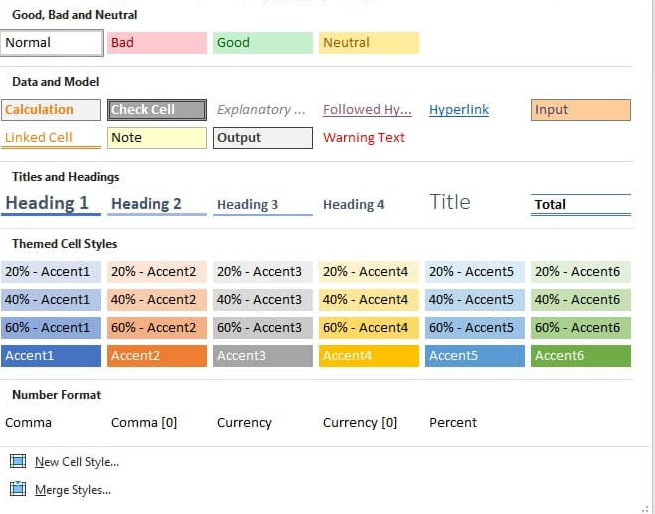 Excel 리본 메뉴에서 내장 셀 스타일을 적용하는 모습. 1