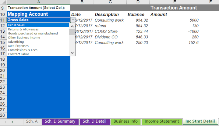 A dropdown list in Excel for categorizing transactions. 1