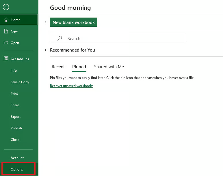 ファイルタブからオプションを選択。 3