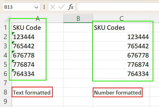 在 Excel 中，文字格式的數字靠左對齊。 1