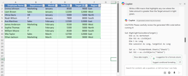 在Excel中使用Copilot建立VBA巨集。 6