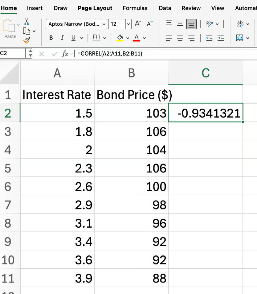 Excel CORREL array example 1