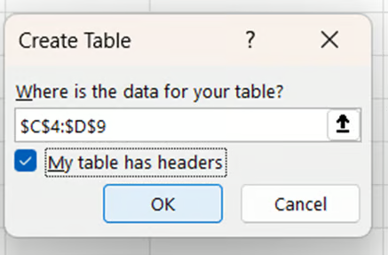 Create table pop-up in Excel data model 14