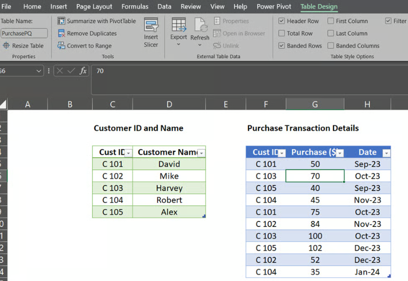 Two tables in Excel ready for Data Model in Excel 16