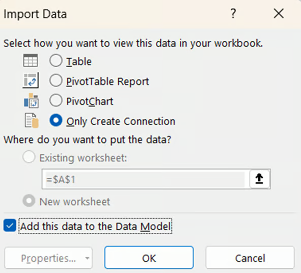 Import Data window with Excel data models 3
