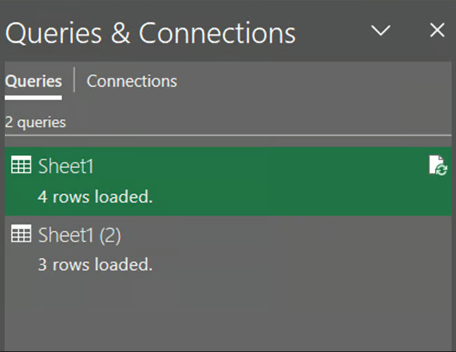 Excel data models queries & connections pane in Excel data model 4