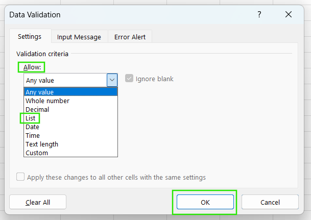 Excel 中的資料驗證下拉式清單 3