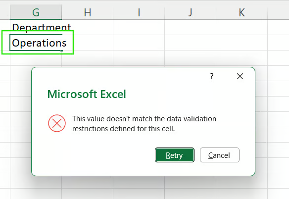 Excel 中的下拉式清單錯誤 6