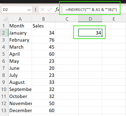 Verwendung von INDIRECT() zur indirekten Referenzierung anderer Arbeitsblätter in Excel. 3