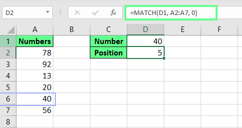 Finding the position of a number using the MATCH function in Excel. 2