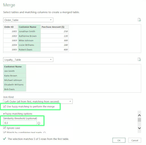 merging the table using fuzzy match in Excel. 5