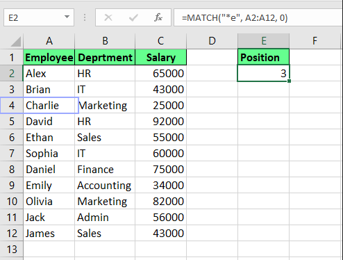 Finding the position using wildcards in Excel. 7