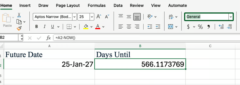 Excel NOW() function to find days in between a date 1