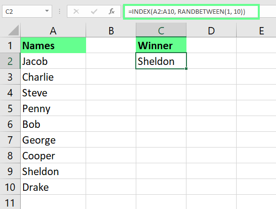 엑셀에서 RANDBETWEEN 함수를 사용하여 목록에서 무작위 이름 선택하기. 8