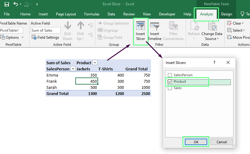 Inserting a slicer to the pivot table in Excel 2