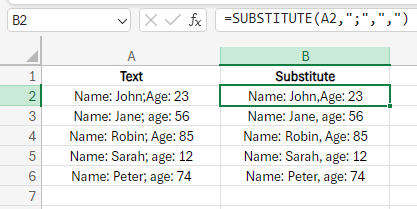 Utilisation de la fonction substitute pour remplacer l'ancien texte. 5