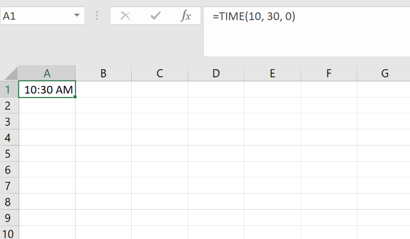 Screenshot of a Microsoft Excel spreadsheet demonstrating the TIME function with the formula =TIME(10, 30, 0) in the formula bar and the resulting time value 10:30 AM displayed in cell A1. 2