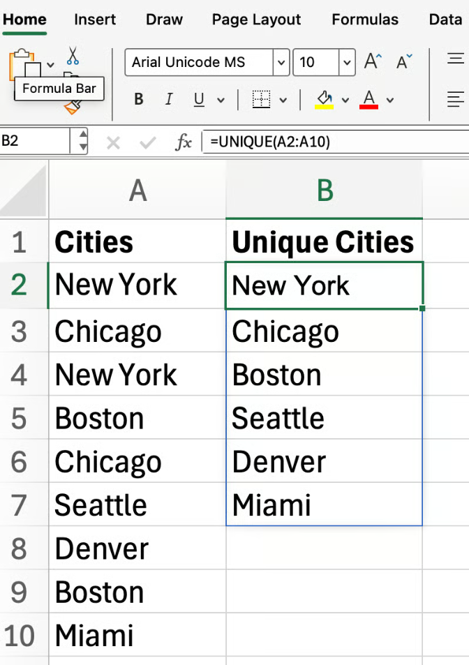Excel UNIQUE 函數基本範例 1