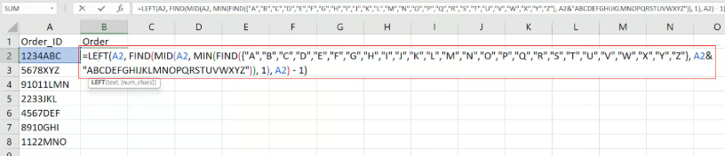 Extrahieren von Zahlen vom Anfang einer Zeichenkette in Excel. 1