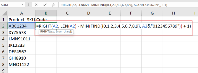 Extrahieren von Zahlen vom Ende einer Zeichenkette in Excel. 2