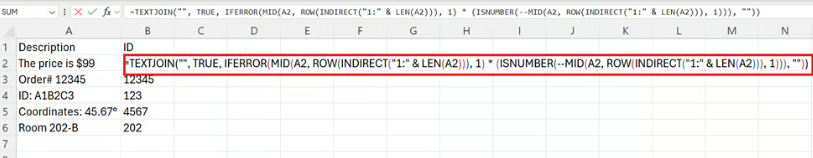 Extrahieren von Zahlen aus beliebiger Position in Excel mit TEXTJOIN(), MID() und ROW(). 5