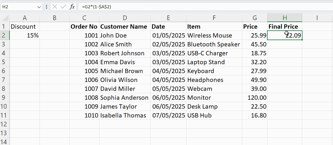 Verwendung des Excel-Ausfüllkästchens zum Ausfüllen von Zellen mit absoluten Bezügen. 11
