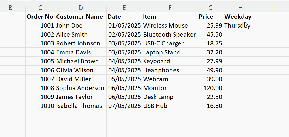 Verwendung des Excel-Ausfüllkästchens zum automatischen Ausfüllen von Wochentagen. 5