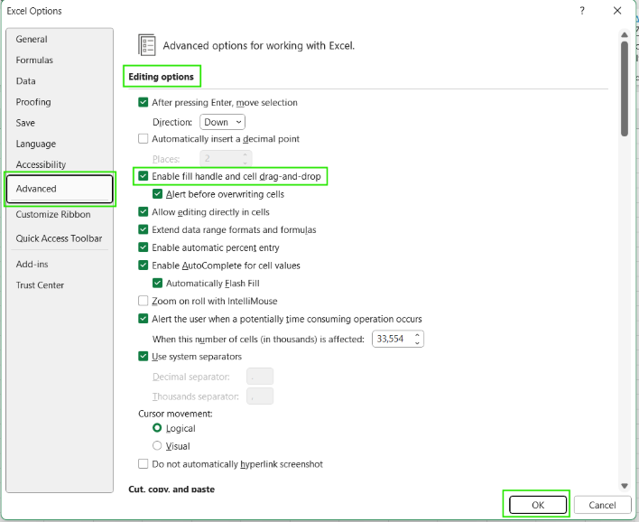 Wie man das Ausfüllkästchen in Excel aktiviert. 9