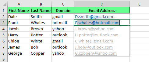 Générer des adresses e-mail en utilisant la Remplissage automatique dans Excel. 11
