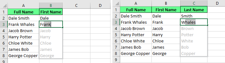 Extraire le nom et le prénom du nom complet en utilisant la Remplissage automatique dans Excel. 5